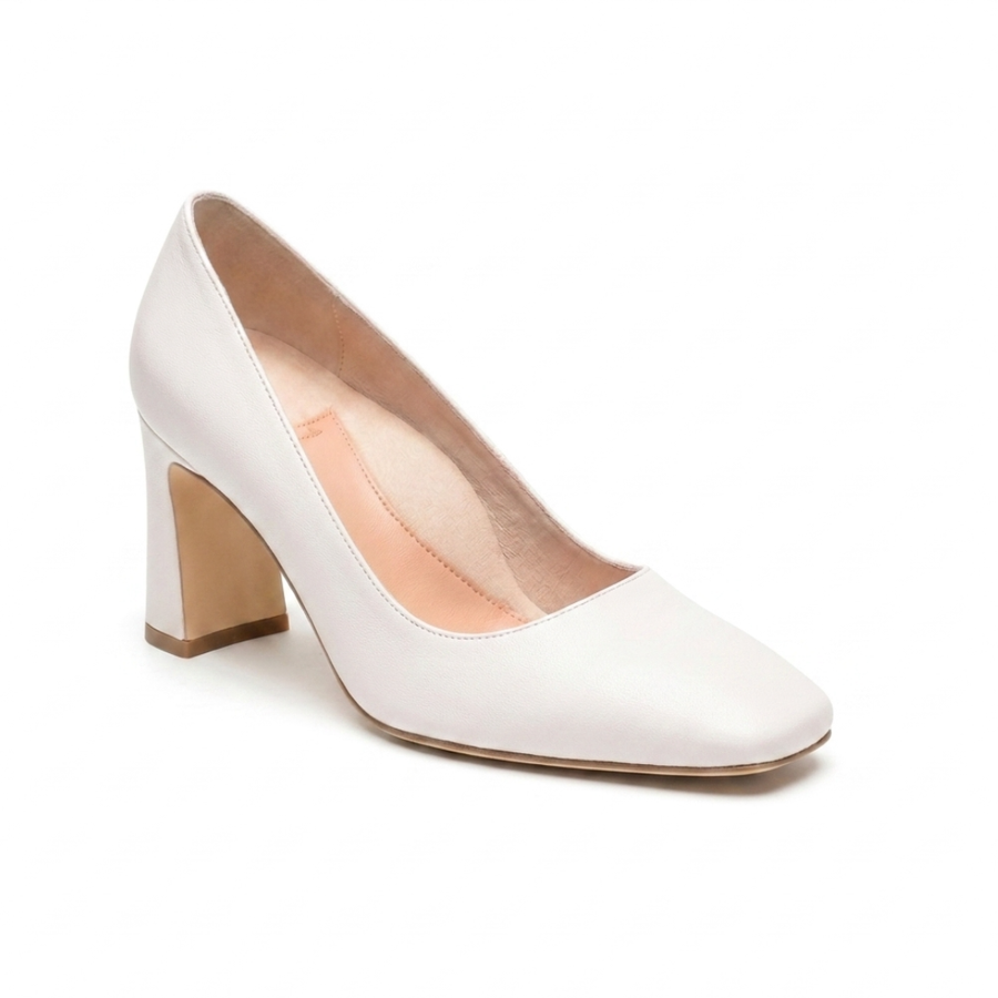 White Leather Square Toe Bold Block Heel