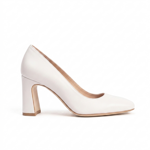 White Leather Square Toe Bold Block Heel