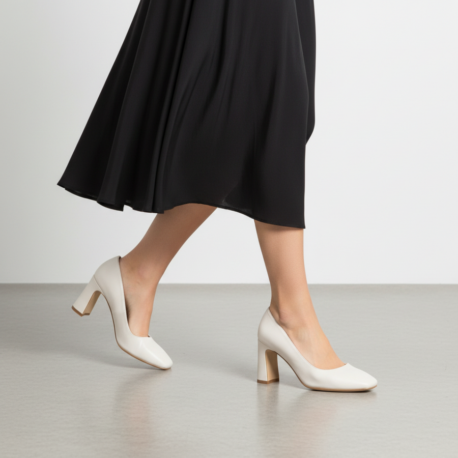 White Leather Square Toe Bold Block Heel