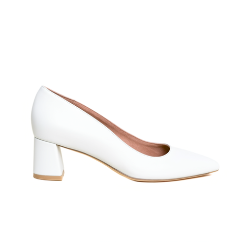 White Leather Lower Block Heel
