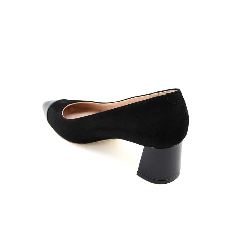 Black Suede Cap Toe Lower Block Heel Pump