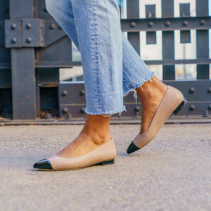 Bossy Beige Leather with Black Patent Leather Cap Toe Flat