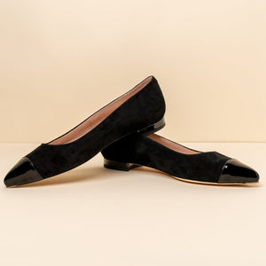 Black Suede with Black Patent Leather Cap Toe Flat