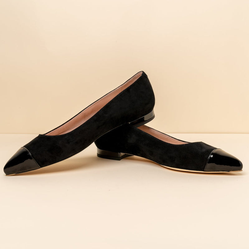 Black Suede Black Patent Leather Cap Toe Flat| ALLY Shoes