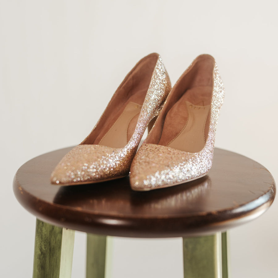 Rose Gold Glitter Block Heel Pump