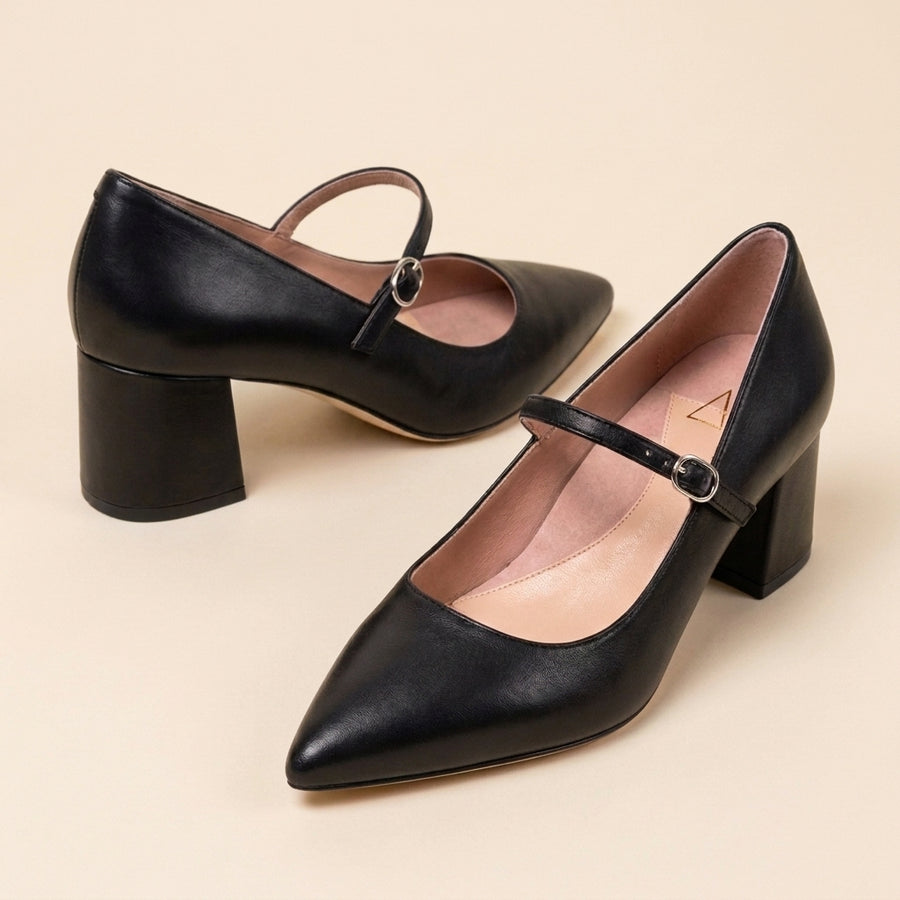 Black Leather Mary Jane Lower Block Heel