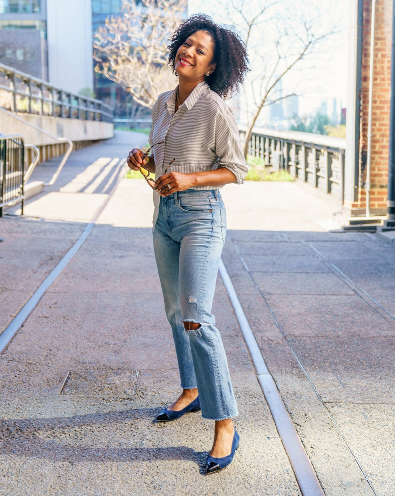 Noble Navy Suede with Black Patent Leather Cap Toe Flat