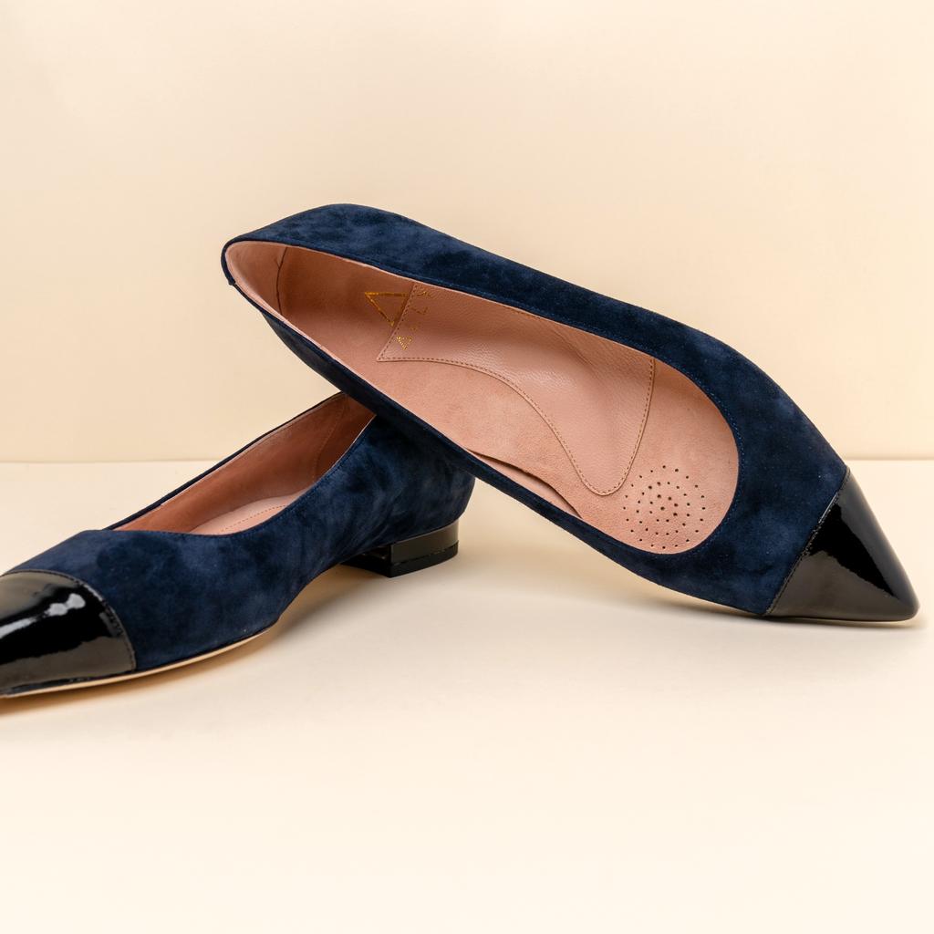 Noble Navy Suede with Black Patent Leather Cap Toe Flat