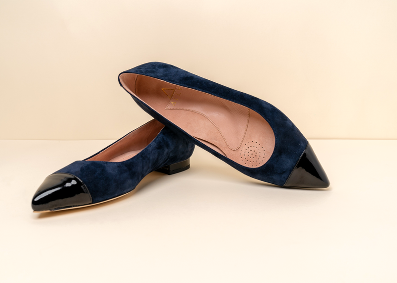 Noble Navy Suede with Black Patent Leather Cap Toe Flat