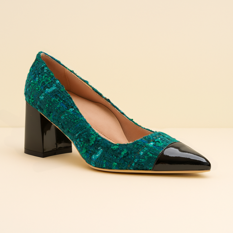 [Limited Edition FW'25] Forest Green Tweed Cap Toe Lower Block Heel Pump