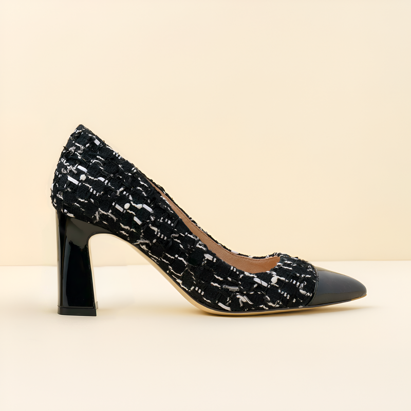[NEW Limited Edition FW'25] Black Fancy Tweed Cap Toe Bold Block Heel Pump