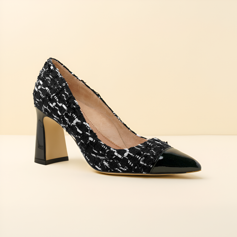 [NEW Limited Edition FW'25] Black Fancy Tweed Cap Toe Bold Block Heel Pump