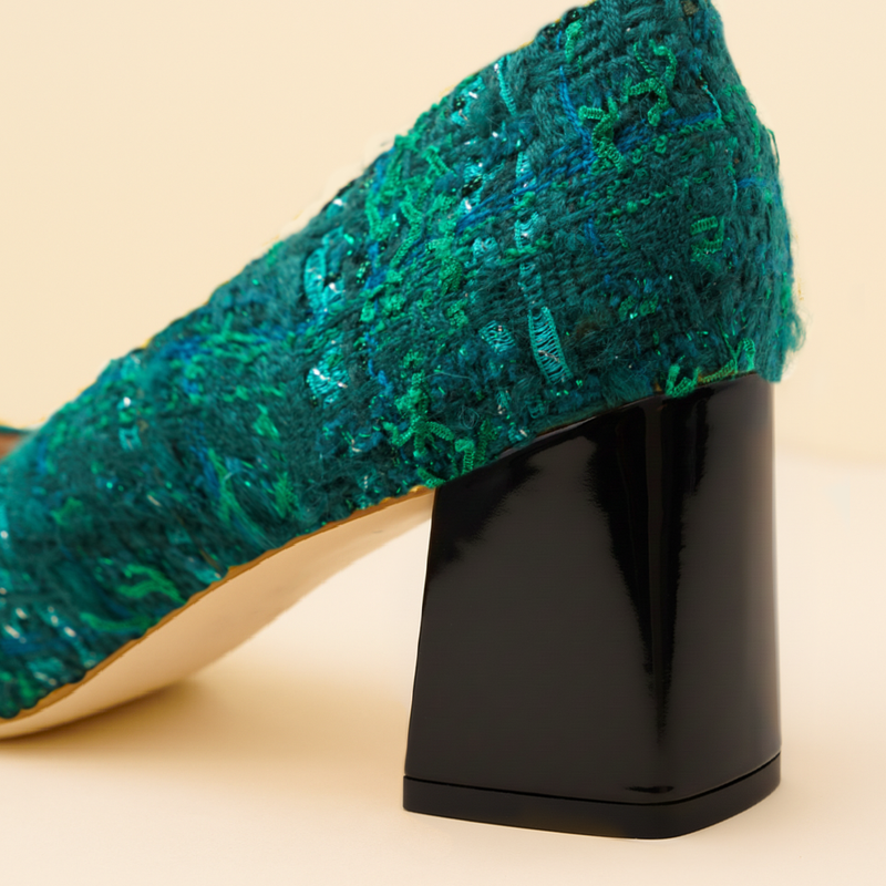 [Limited Edition FW'25] Forest Green Tweed Cap Toe Lower Block Heel Pump