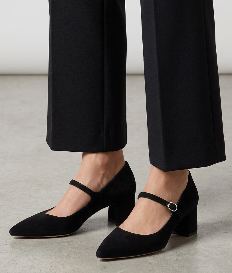 Black Suede Mary Jane Lower Block Heel