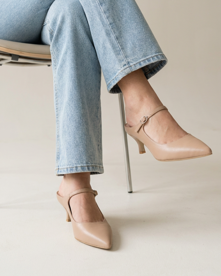 Bossy Beige Leather Mary Jane Kitten Mule