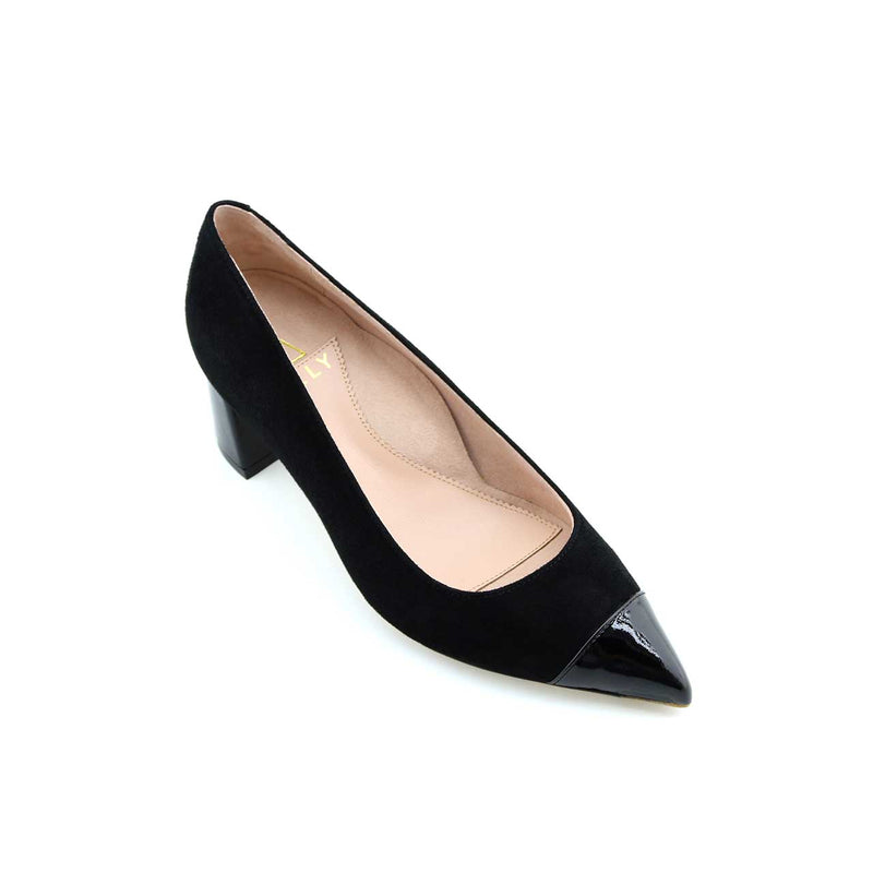 Black Suede Cap Toe Lower Block Heel Pump