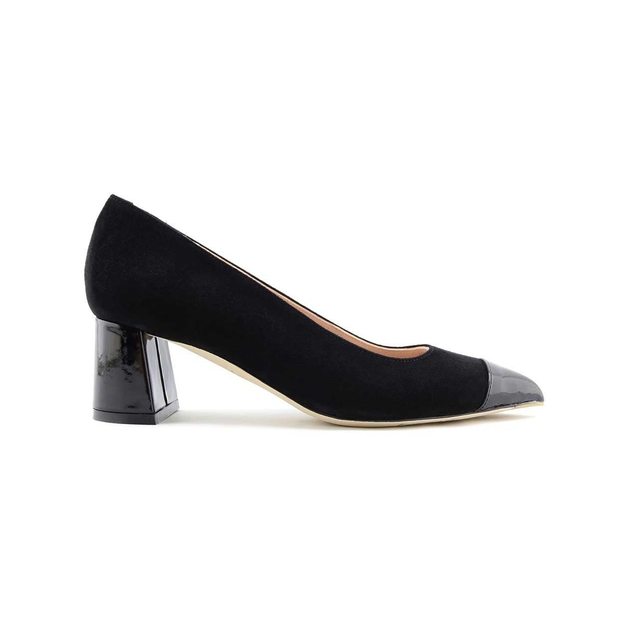 Black Suede Cap Toe Lower Block Heel Pump ALLY Shoes