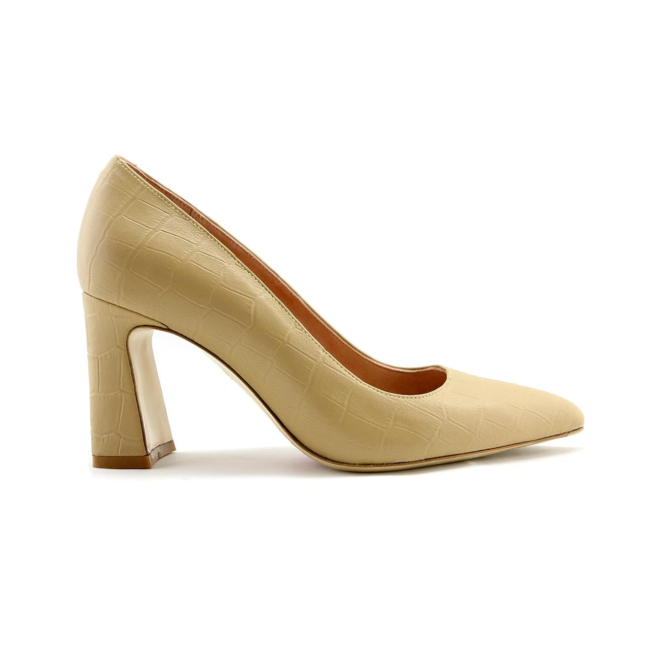 Block Shose Cognac Embossed Leather Lower Block Heel - ALLY Shoes