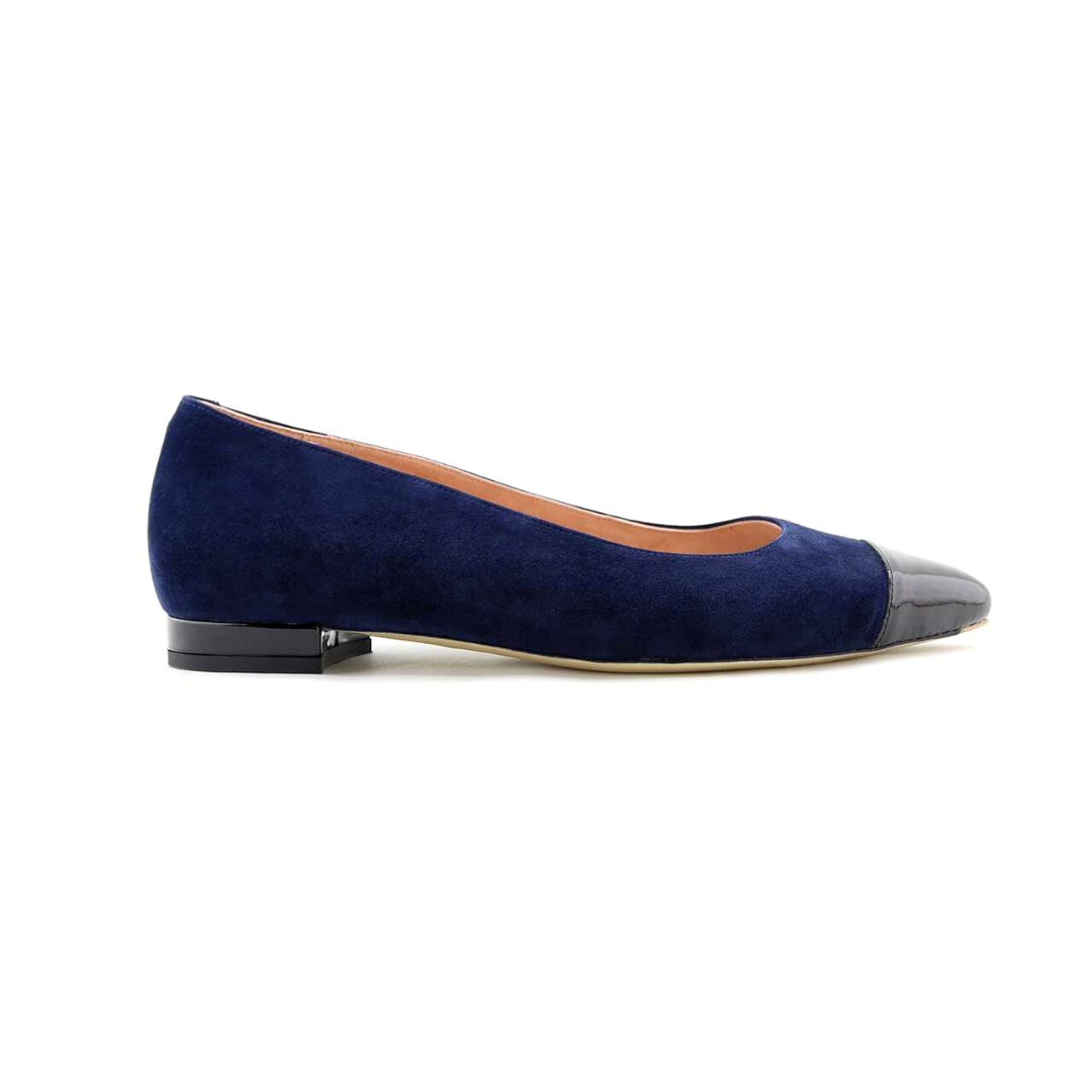 Navy Suede Black Patent Leather Cap Toe Flat