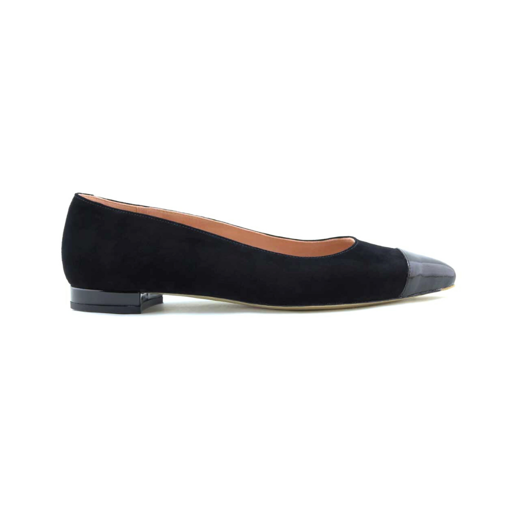Black Suede with Black Patent Leather Cap Toe Flat