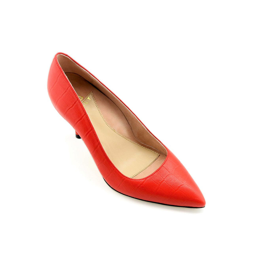 Scarlet Embossed Leather Kitten Heel