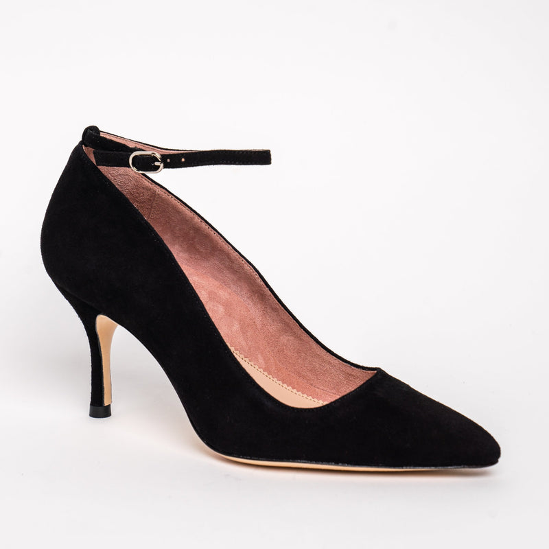 Black Suede Ankle Strap Pointed Toe Court Shoes