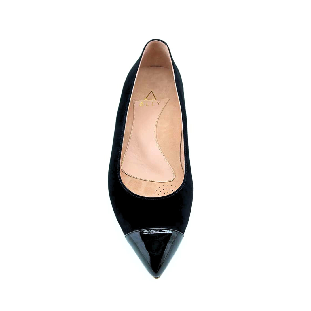Black Suede Black Patent Leather Cap Toe Flat| ALLY Shoes
