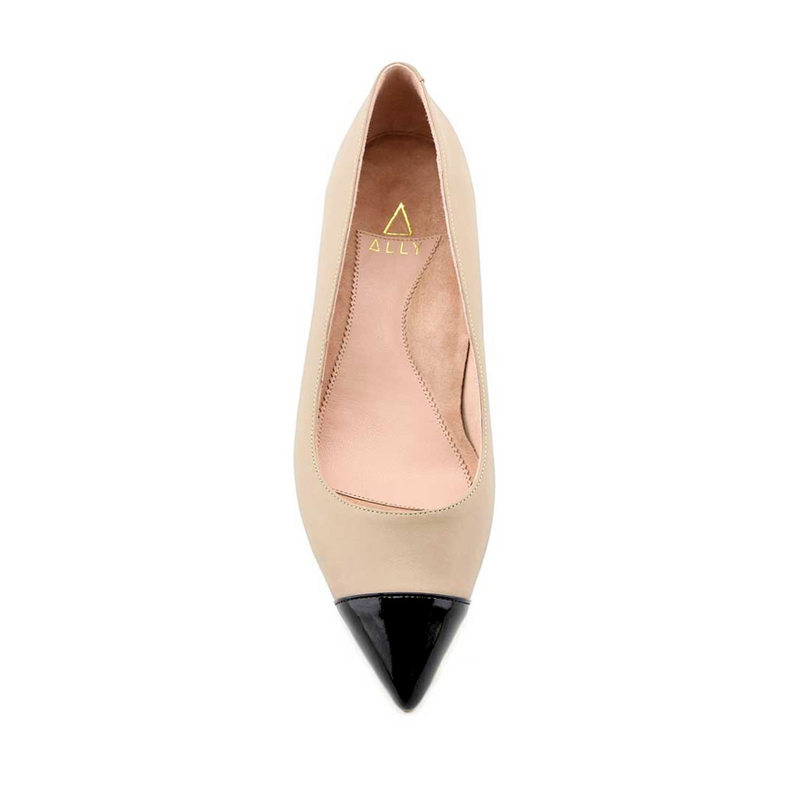 Bossy Beige Leather Cap Toe Lower Block Heel Pump