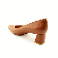 Cognac Embossed Leather Lower Block Heel