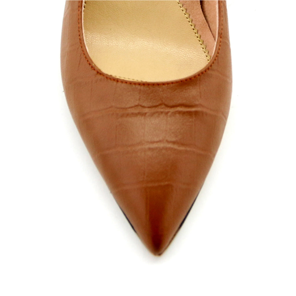 Cognac Embossed Leather Ankle Strap Pump