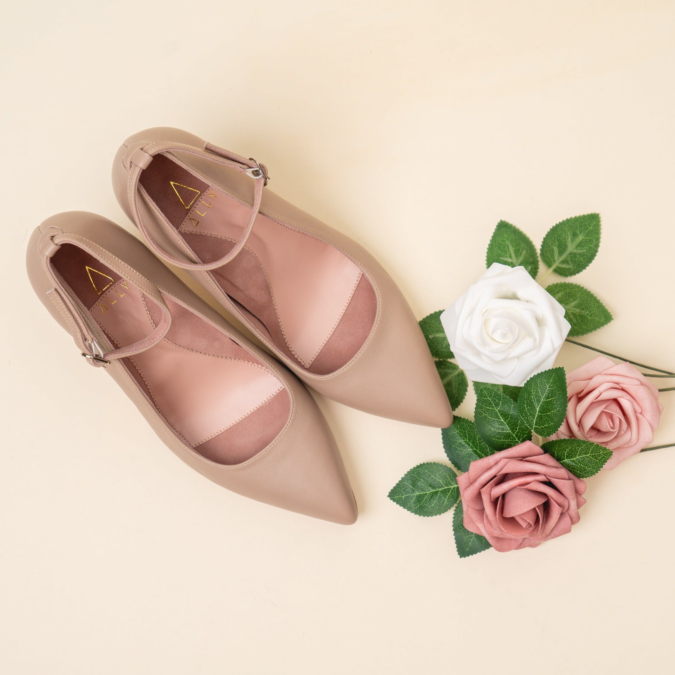 Beige Leather Ankle Strap Pumps for Women
