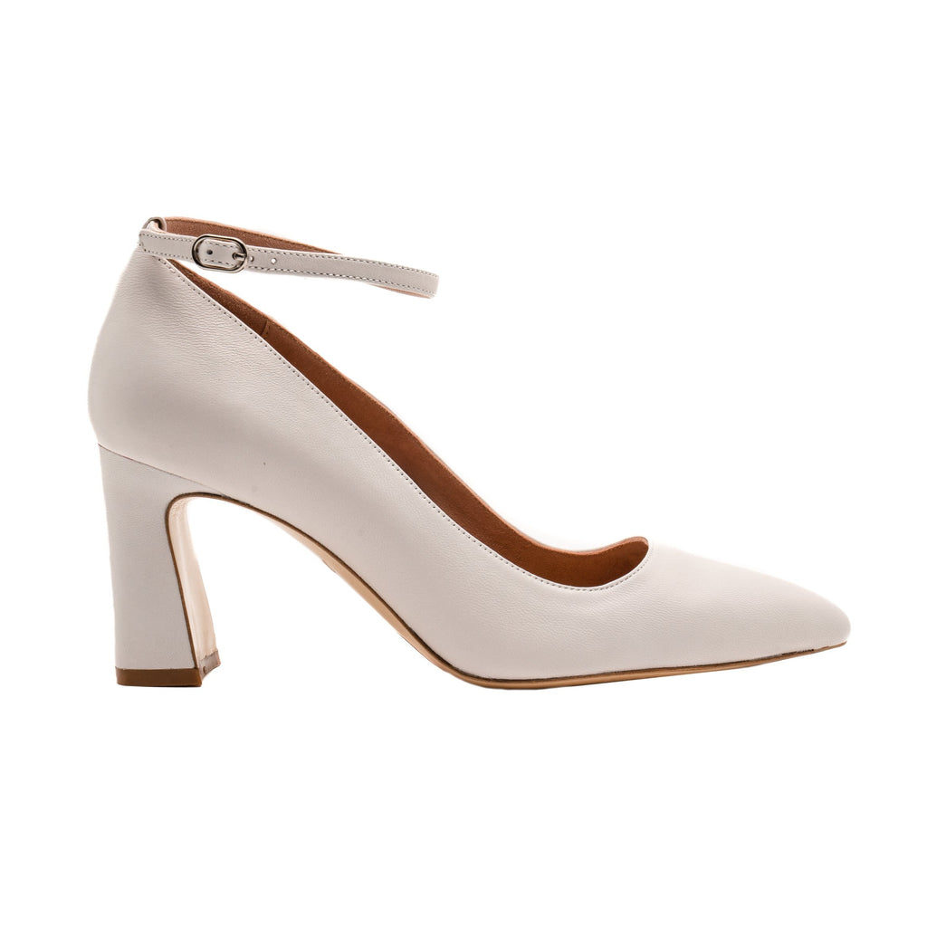 Classic White Leather Block Heel Pump (White Leather Ankle Strap)