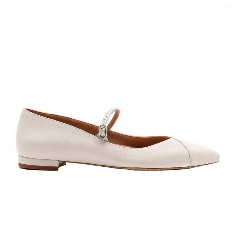 Classic White Leather Flat (Silver Shimmer Mary Jane Strap)