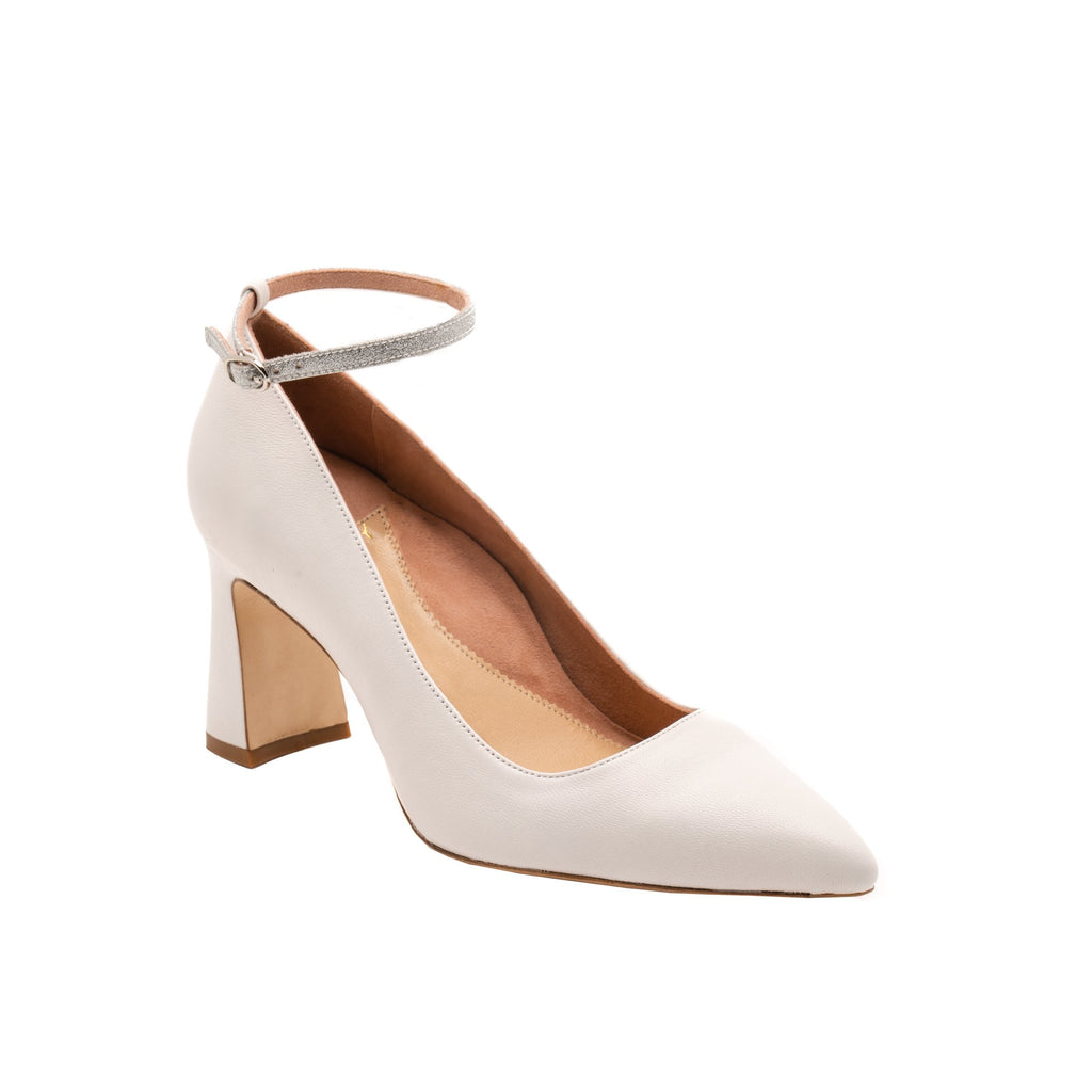 Classic White Leather Block Heel Pump (Silver Shimmer Ankle Strap)