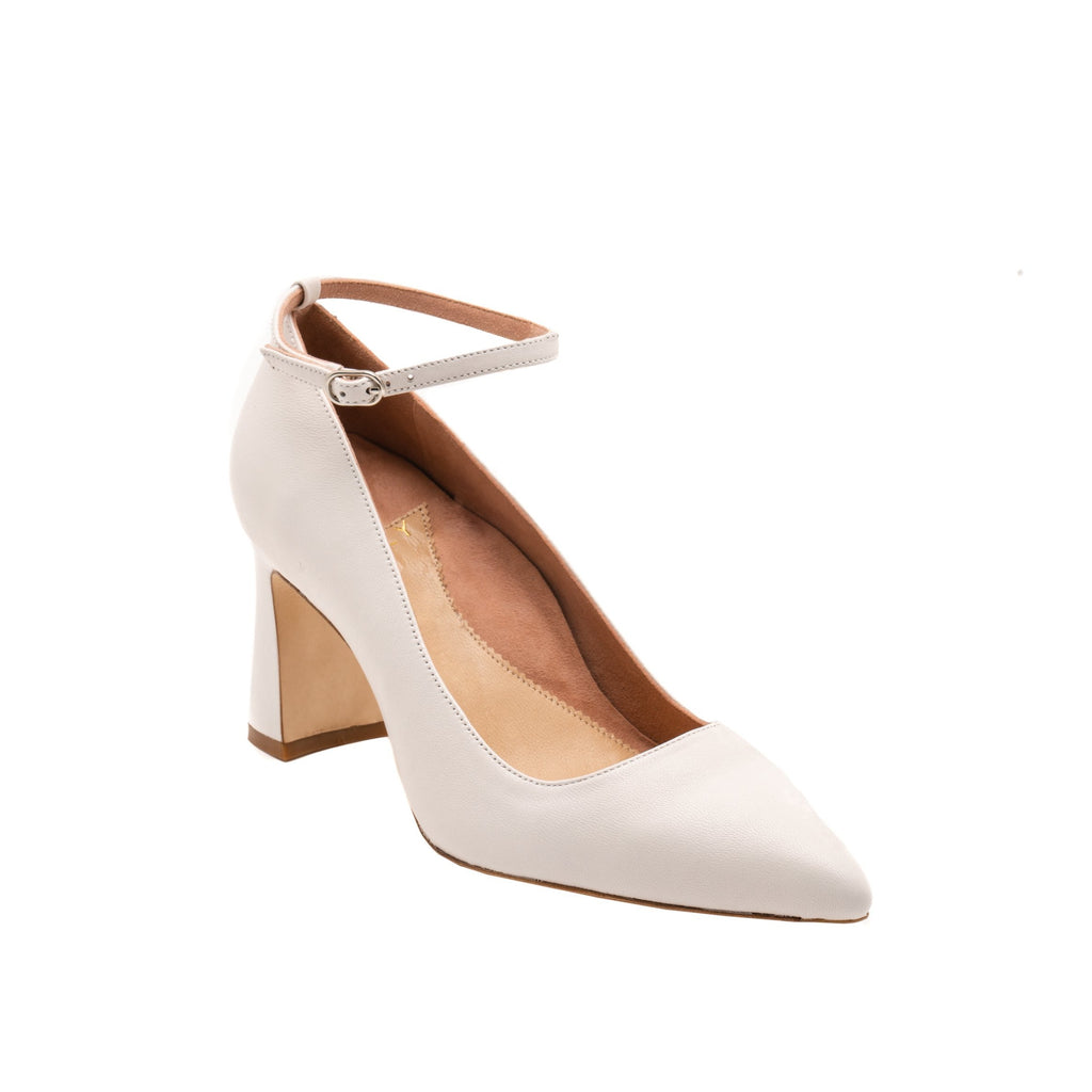 Classic White Leather Block Heel Pump (White Leather Ankle Strap)