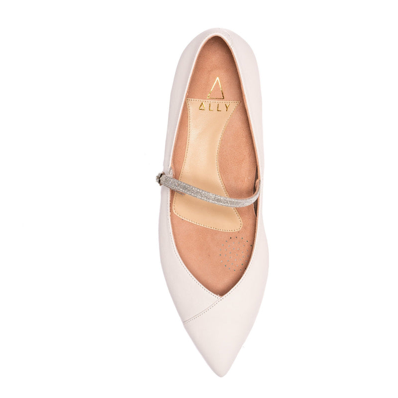 Classic White Leather Flat (Silver Shimmer Mary Jane Strap)