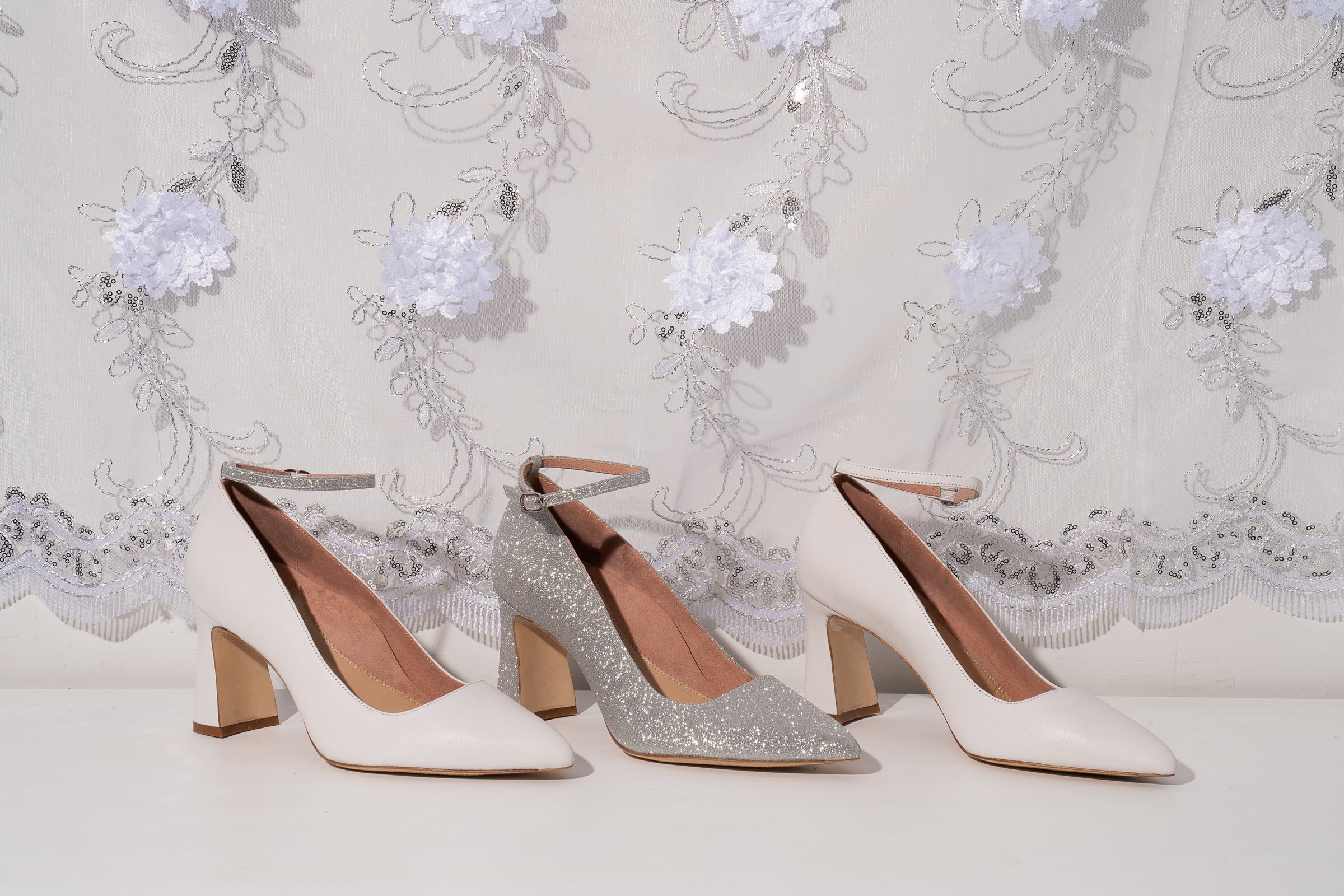 Bridal Shoes White Block Heels with Silver Ankle Strap | Leather