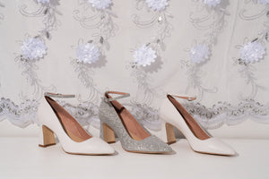 Classic White Leather Block Heel Pump (Silver Shimmer Ankle Strap)