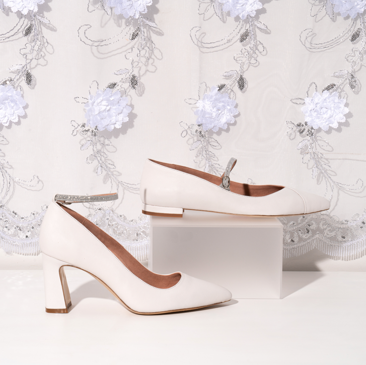 Classic White Leather Mary Jane Forever Flat (Silver Shimmer Strap)
