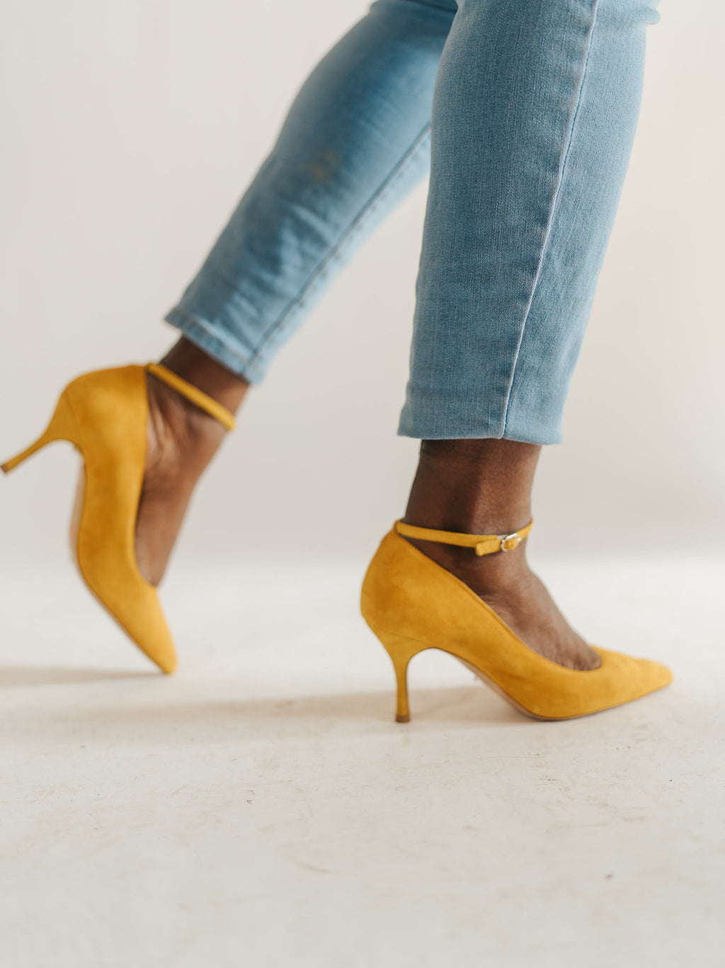 Sassy Saffron Suede Ankle Strap Pump