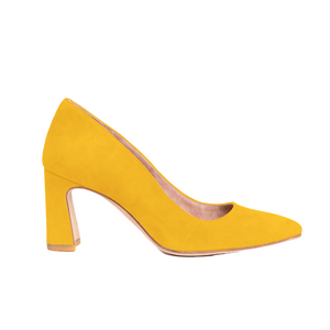 Sassy Saffron Suede Block Heel Pump