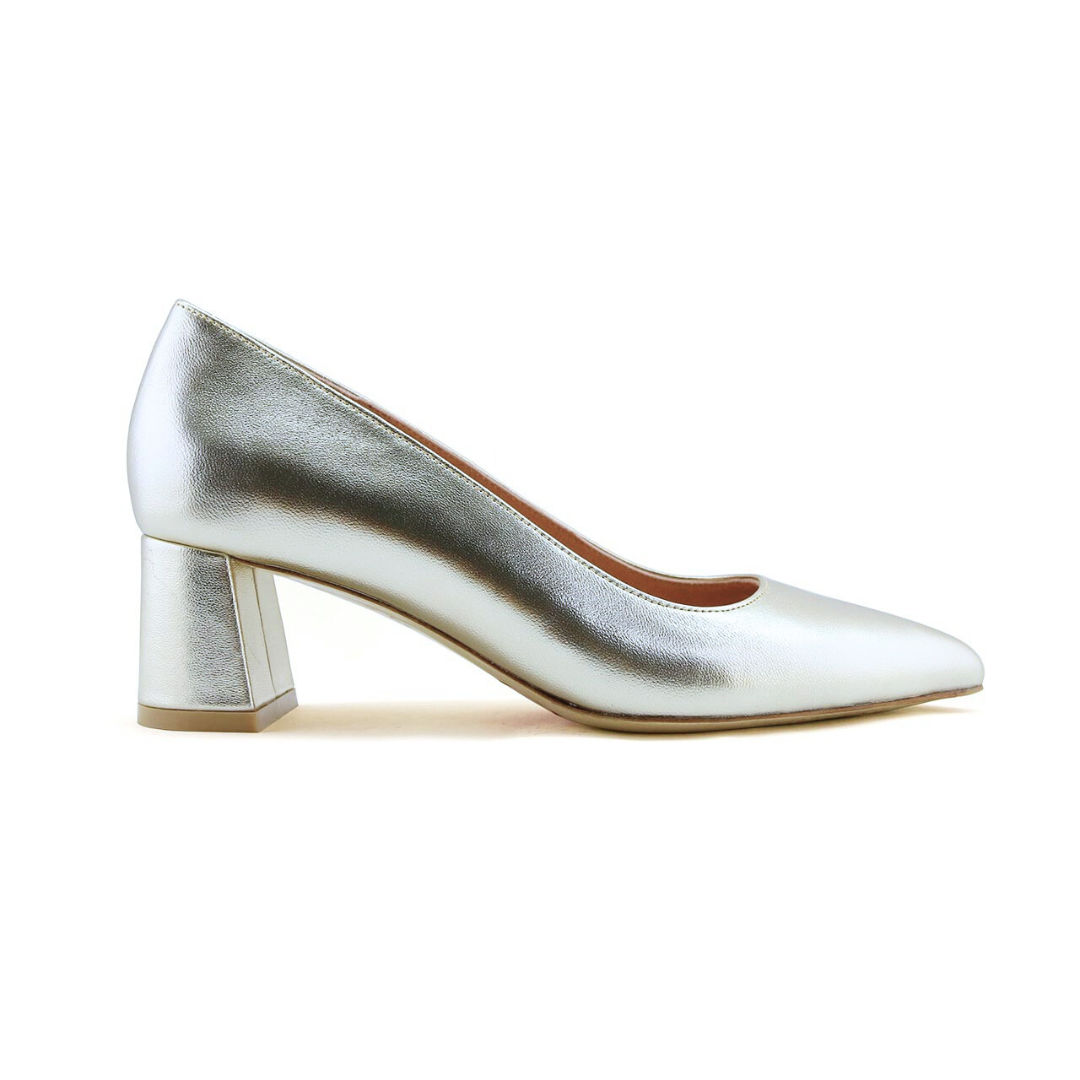 Silver Metallic Leather Lower Block Heel