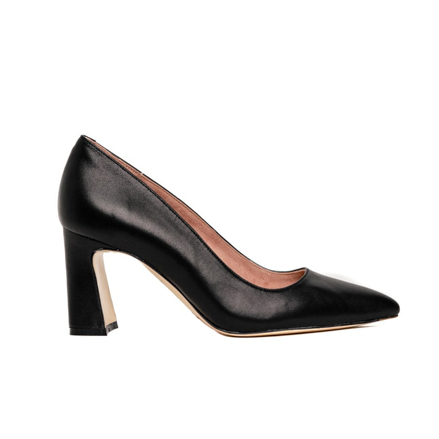 Black Leather Block Heel Pump