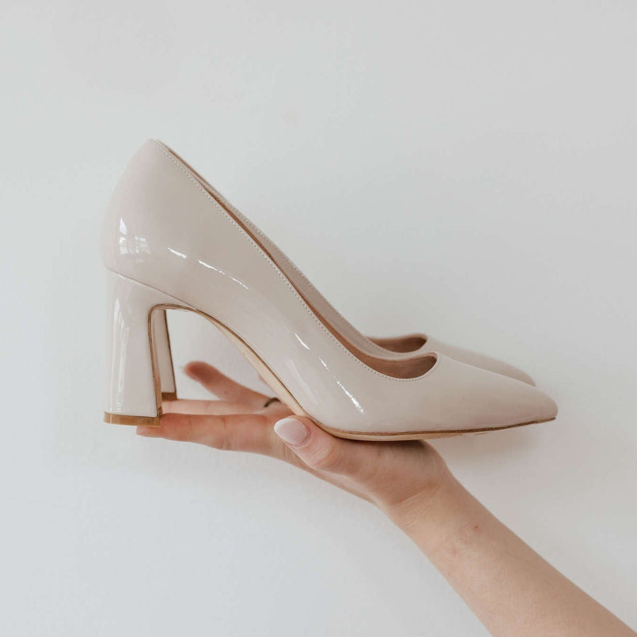 Tender Taupe Patent Leather Block Heel Pump